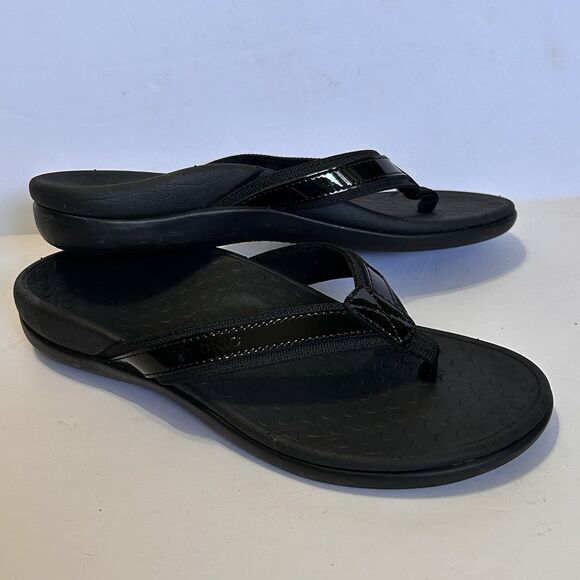 Vionic Orthaheel Tide II Women’s US 7 Patent Leather Flip Flops Sandals Black - Picture 1 of 8
